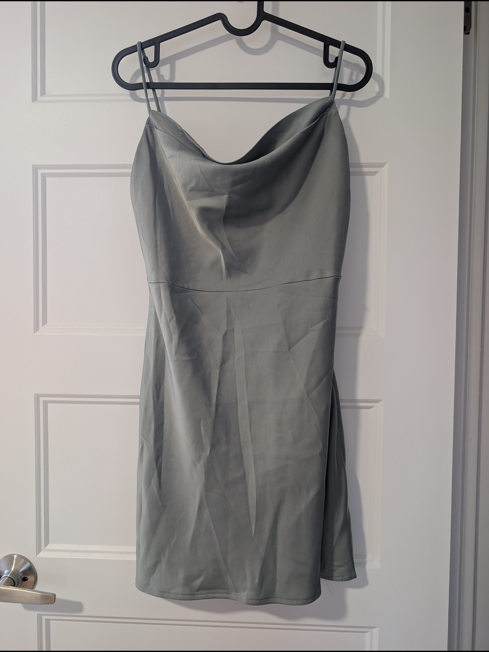 Satin Cowl Neck Spaghetti Strap Dress in Light Gray/Green